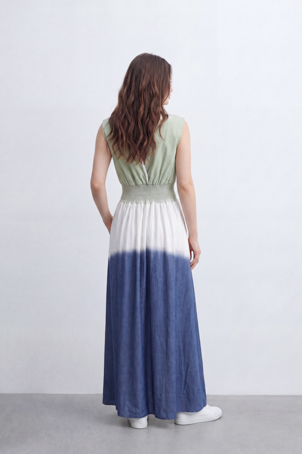 Women’s Tomato Store Horizon Ombre Maxi Dress Dip Dye Gradient Wash Flows Into Deep Border Finish Smocked Waist Detail Soft Crinkle Texture