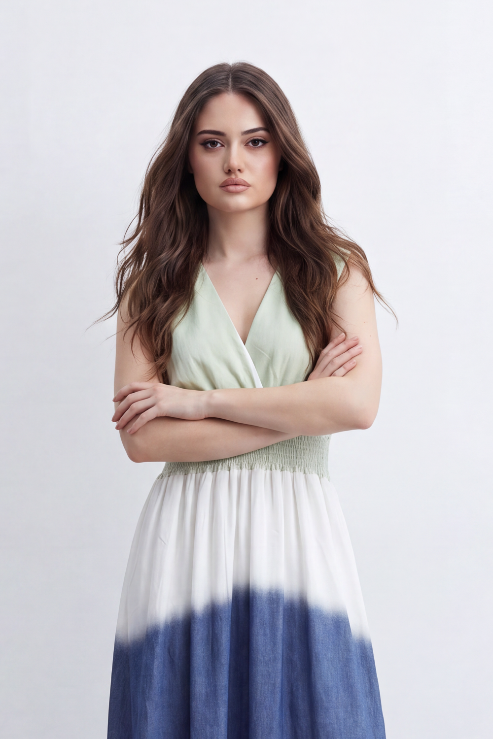 Women’s Tomato Store Horizon Ombre Maxi Dress Dip Dye Gradient Wash Flows Into Deep Border Finish Smocked Waist Detail Soft Crinkle Texture