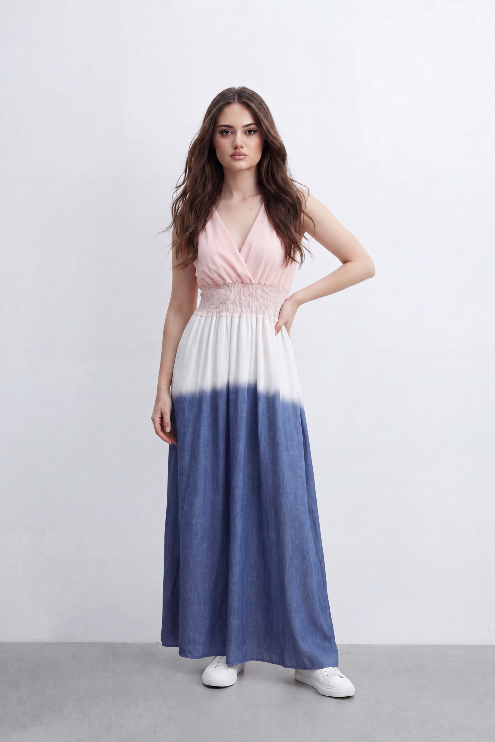 Women’s Tomato Store Horizon Ombre Maxi Dress Dip Dye Gradient Wash Flows Into Deep Border Finish Smocked Waist Detail Soft Crinkle Texture