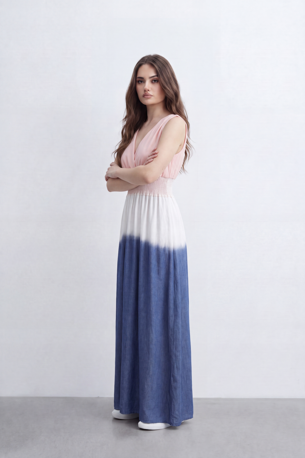 Women’s Tomato Store Horizon Ombre Maxi Dress Dip Dye Gradient Wash Flows Into Deep Border Finish Smocked Waist Detail Soft Crinkle Texture