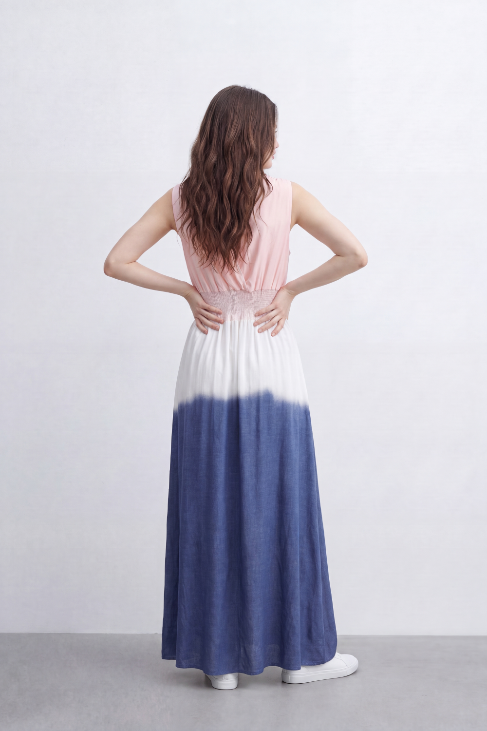 Women’s Tomato Store Horizon Ombre Maxi Dress Dip Dye Gradient Wash Flows Into Deep Border Finish Smocked Waist Detail Soft Crinkle Texture