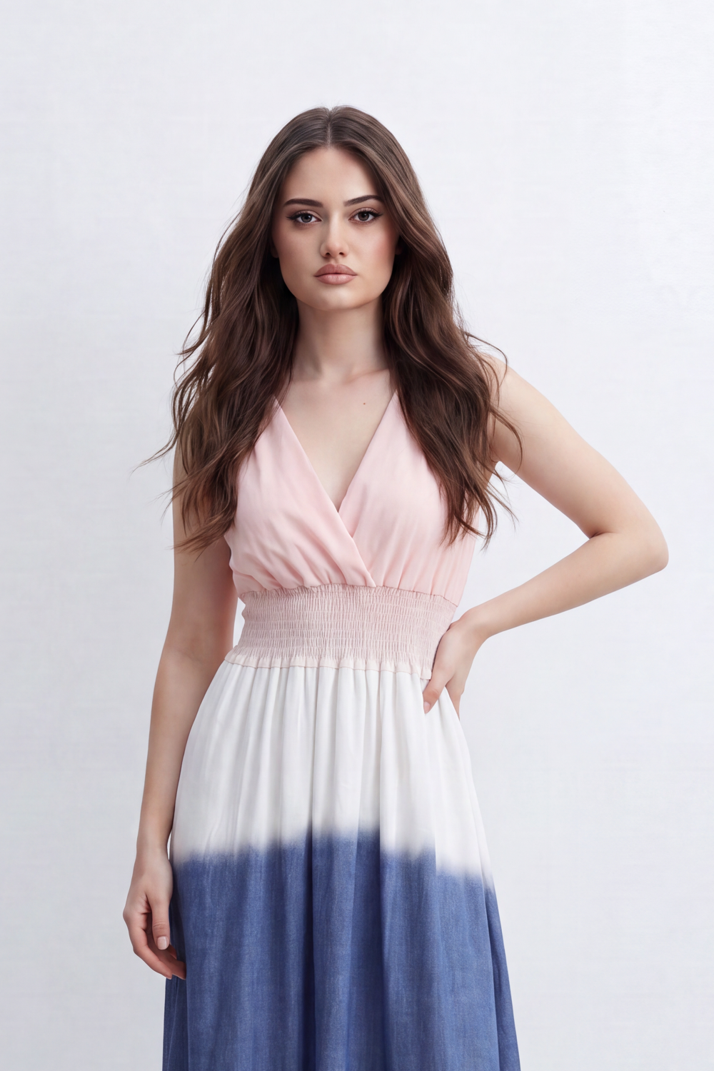 Women’s Tomato Store Horizon Ombre Maxi Dress Dip Dye Gradient Wash Flows Into Deep Border Finish Smocked Waist Detail Soft Crinkle Texture