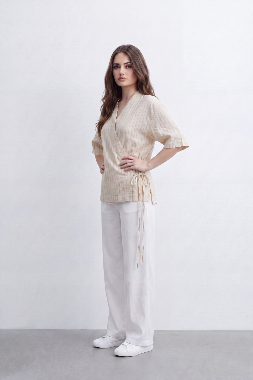 Women’s Tomato Store Wrap Stripe Top Fine Vertical Stripe Pattern Over Crinkled Surface Side Tie Detail