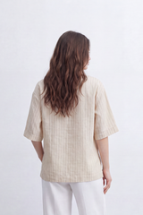 Women’s Tomato Store Wrap Stripe Top Fine Vertical Stripe Pattern Over Crinkled Surface Side Tie Detail