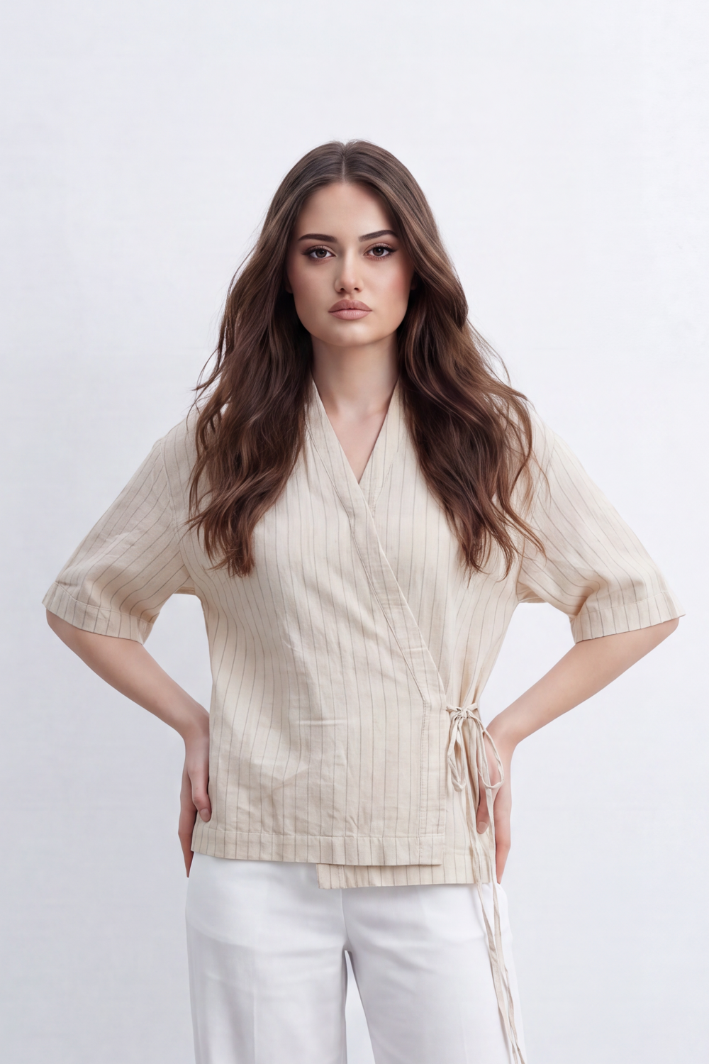 Women’s Tomato Store Wrap Stripe Top Fine Vertical Stripe Pattern Over Crinkled Surface Side Tie Detail
