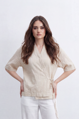 Women’s Tomato Store Wrap Stripe Top Fine Vertical Stripe Pattern Over Crinkled Surface Side Tie Detail