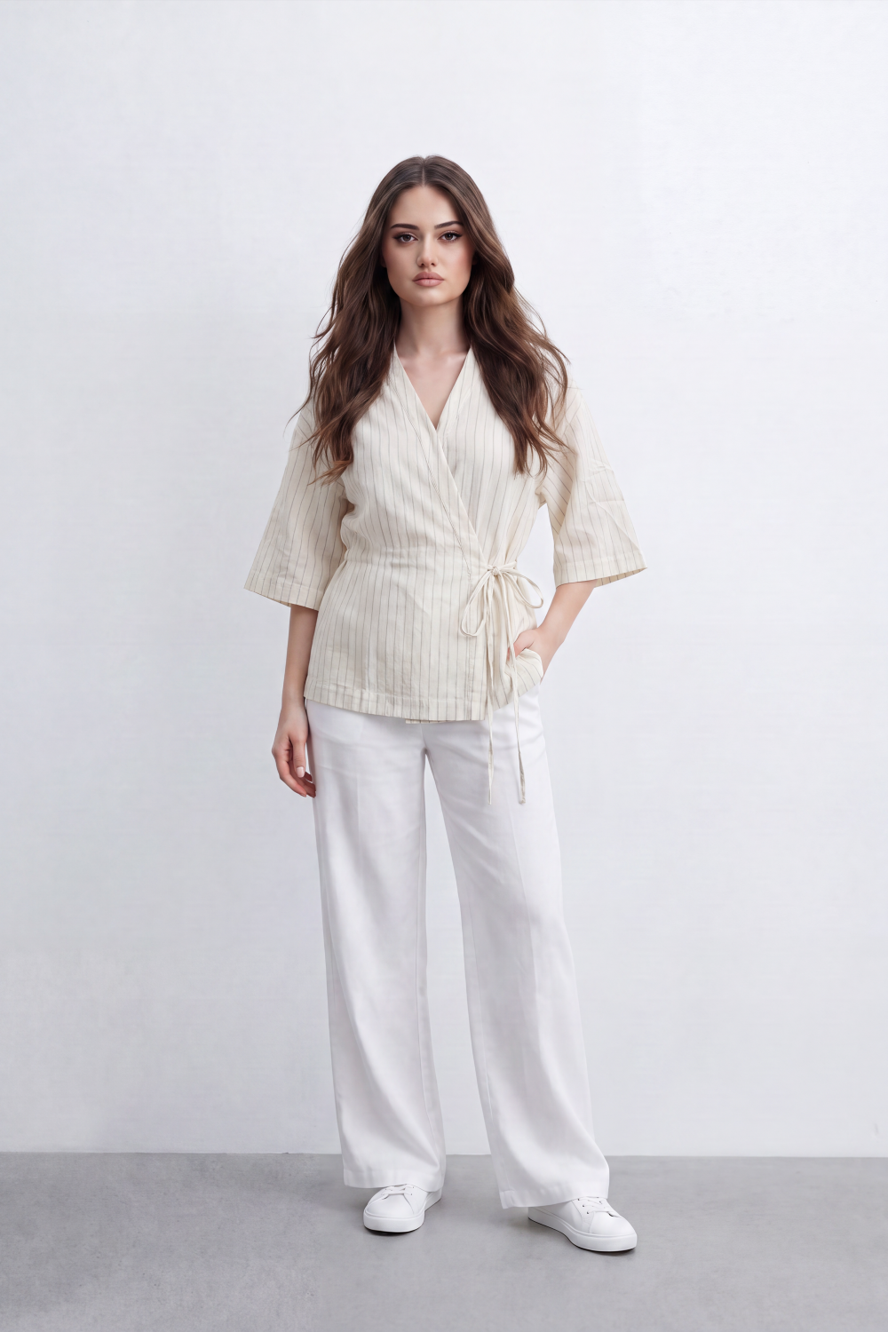 Women’s Tomato Store Wrap Stripe Top Fine Vertical Stripe Pattern Over Crinkled Surface Side Tie Detail