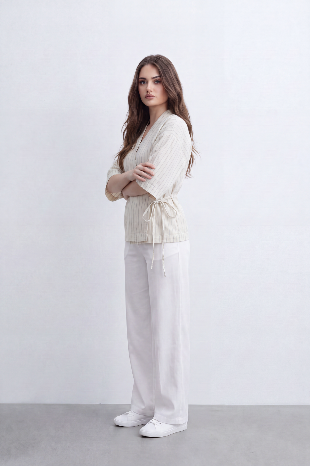 Women’s Tomato Store Wrap Stripe Top Fine Vertical Stripe Pattern Over Crinkled Surface Side Tie Detail