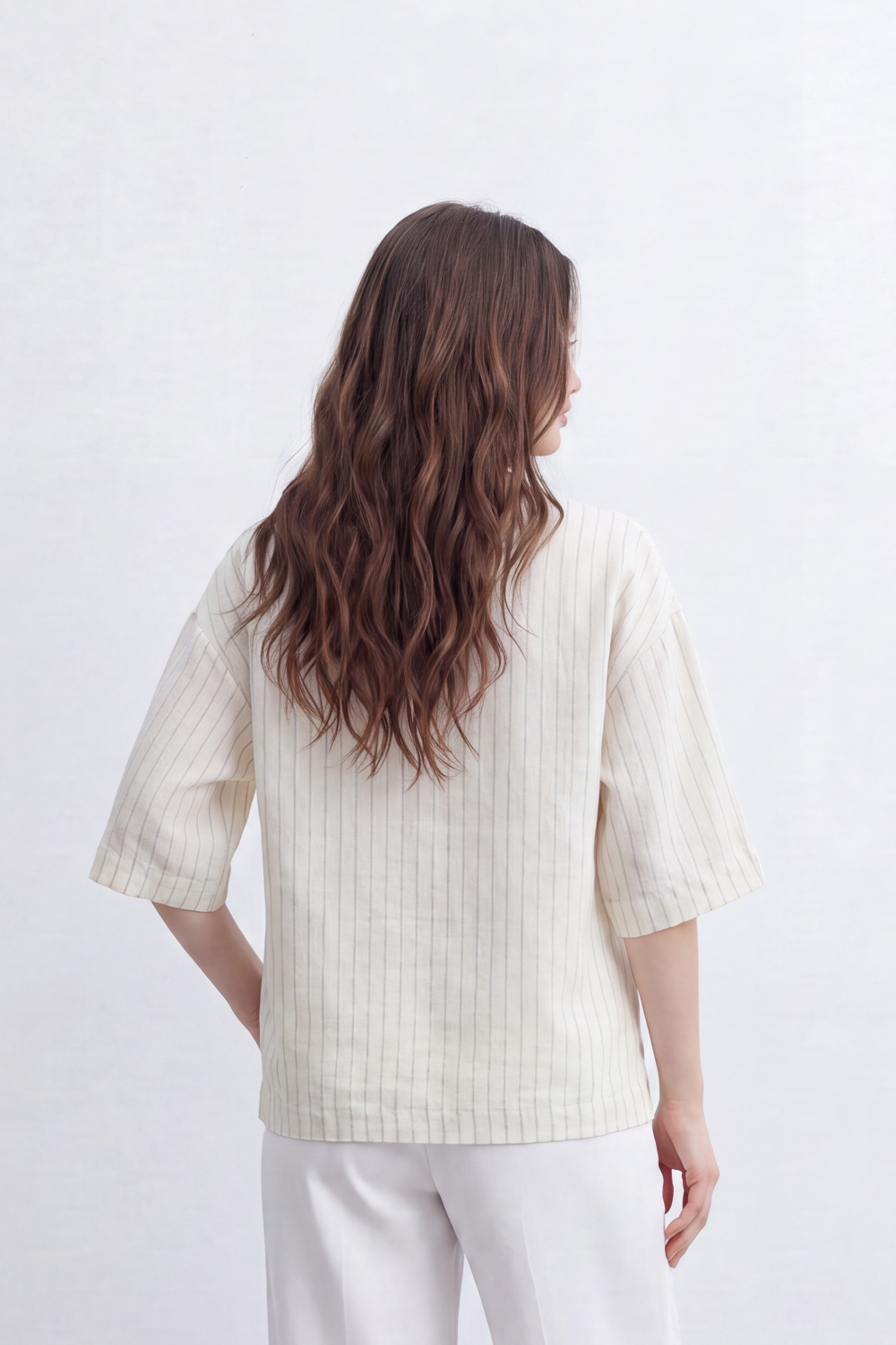 Women’s Tomato Store Wrap Stripe Top Fine Vertical Stripe Pattern Over Crinkled Surface Side Tie Detail