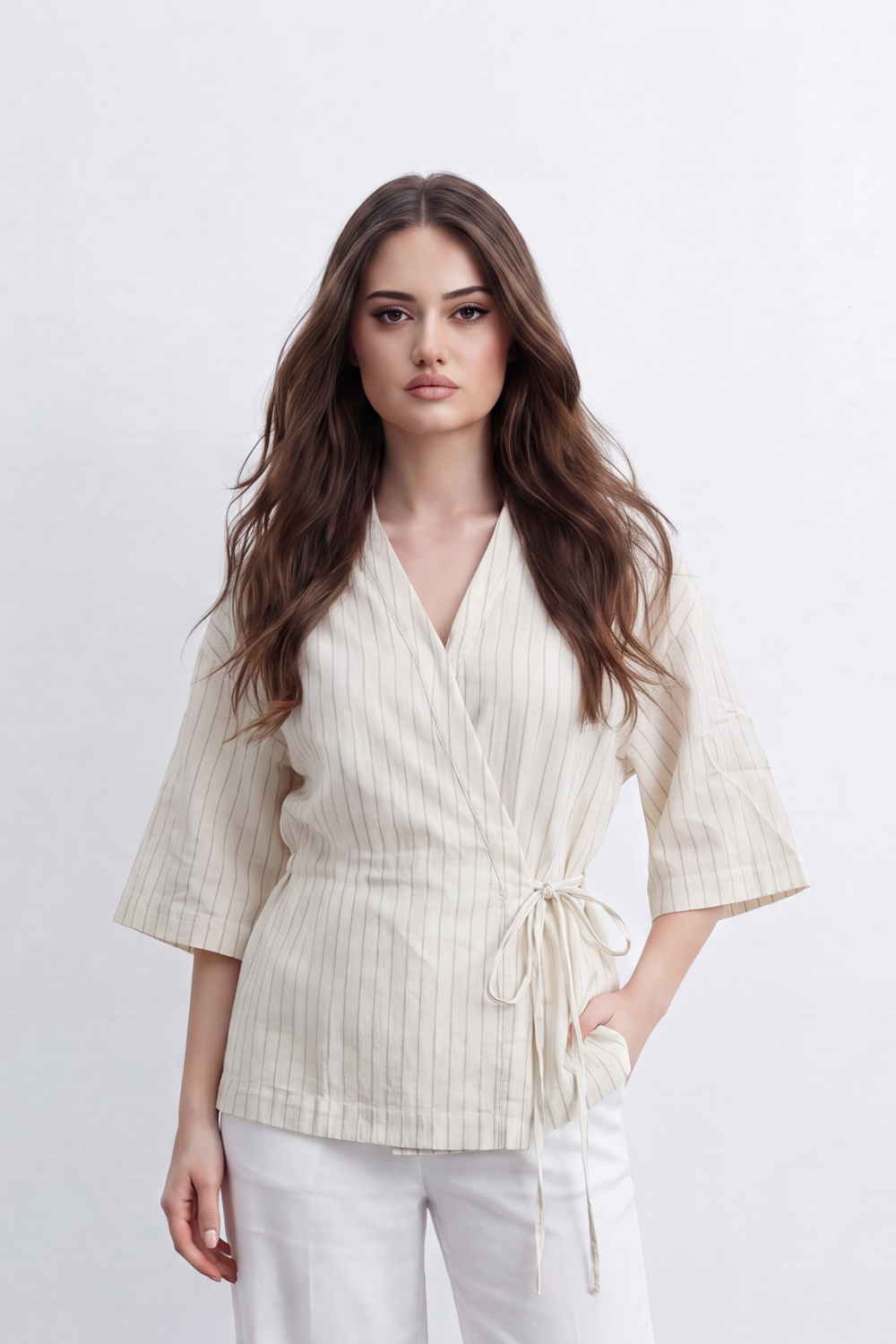Women’s Tomato Store Wrap Stripe Top Fine Vertical Stripe Pattern Over Crinkled Surface Side Tie Detail