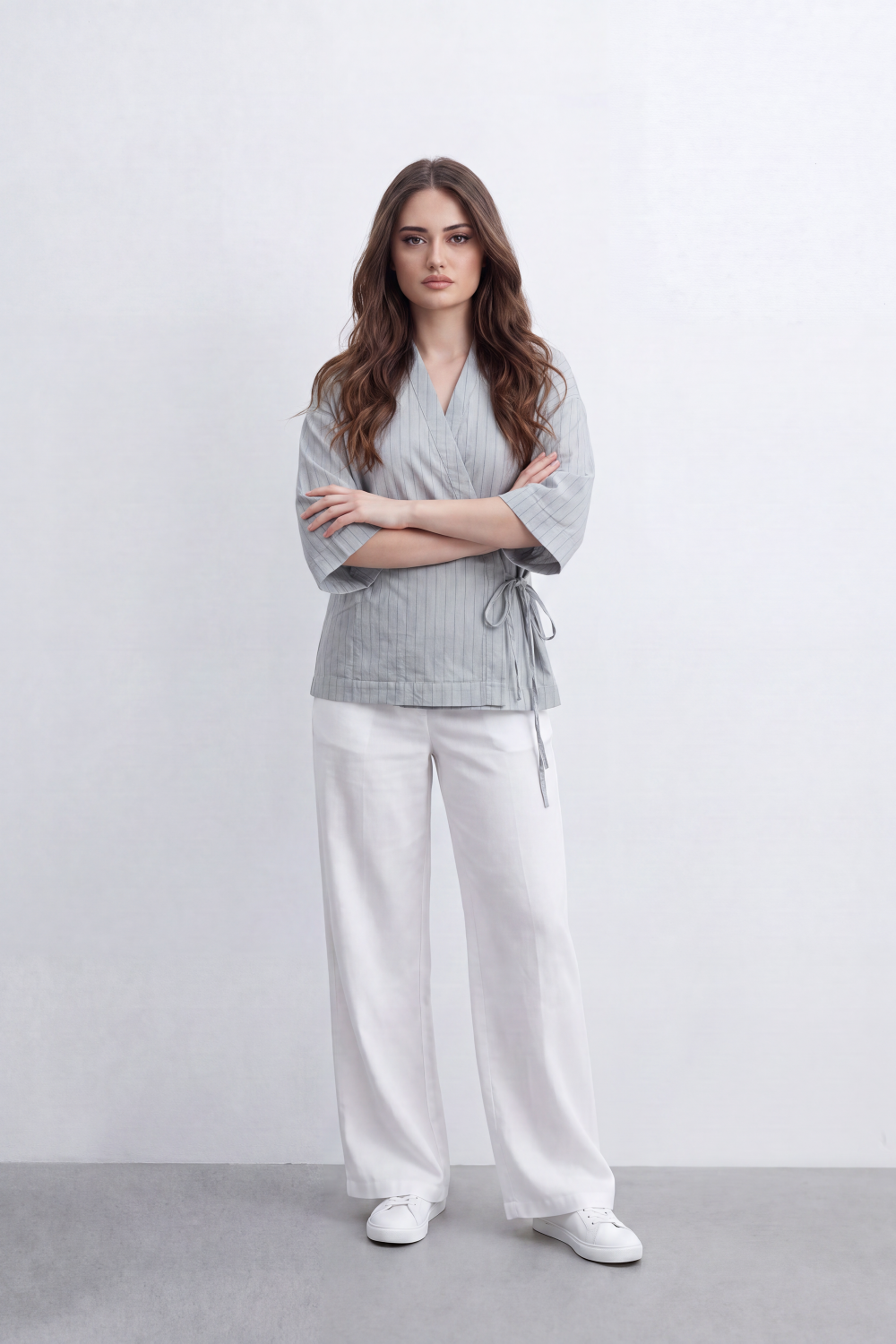 Women’s Tomato Store Wrap Stripe Top Fine Vertical Stripe Pattern Over Crinkled Surface Side Tie Detail