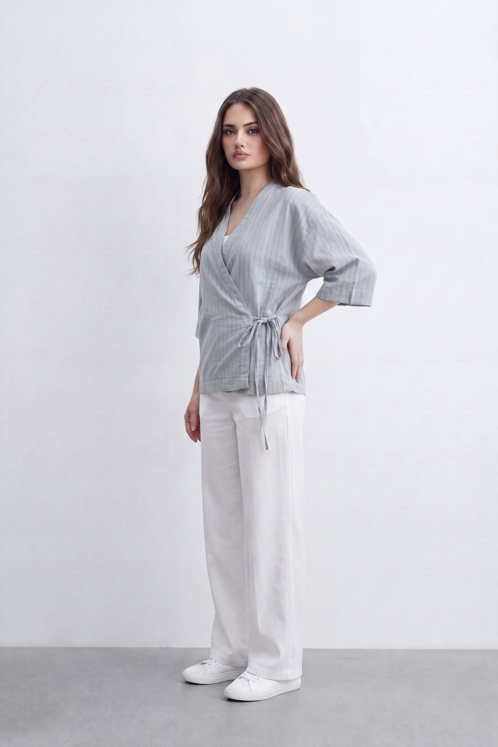 Women’s Tomato Store Wrap Stripe Top Fine Vertical Stripe Pattern Over Crinkled Surface Side Tie Detail