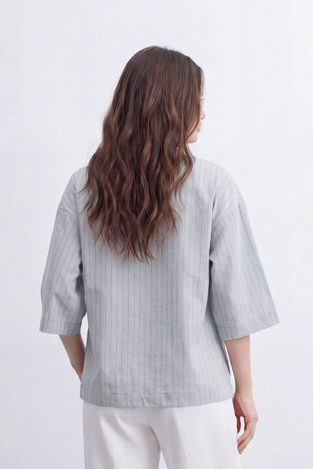 Women’s Tomato Store Wrap Stripe Top Fine Vertical Stripe Pattern Over Crinkled Surface Side Tie Detail