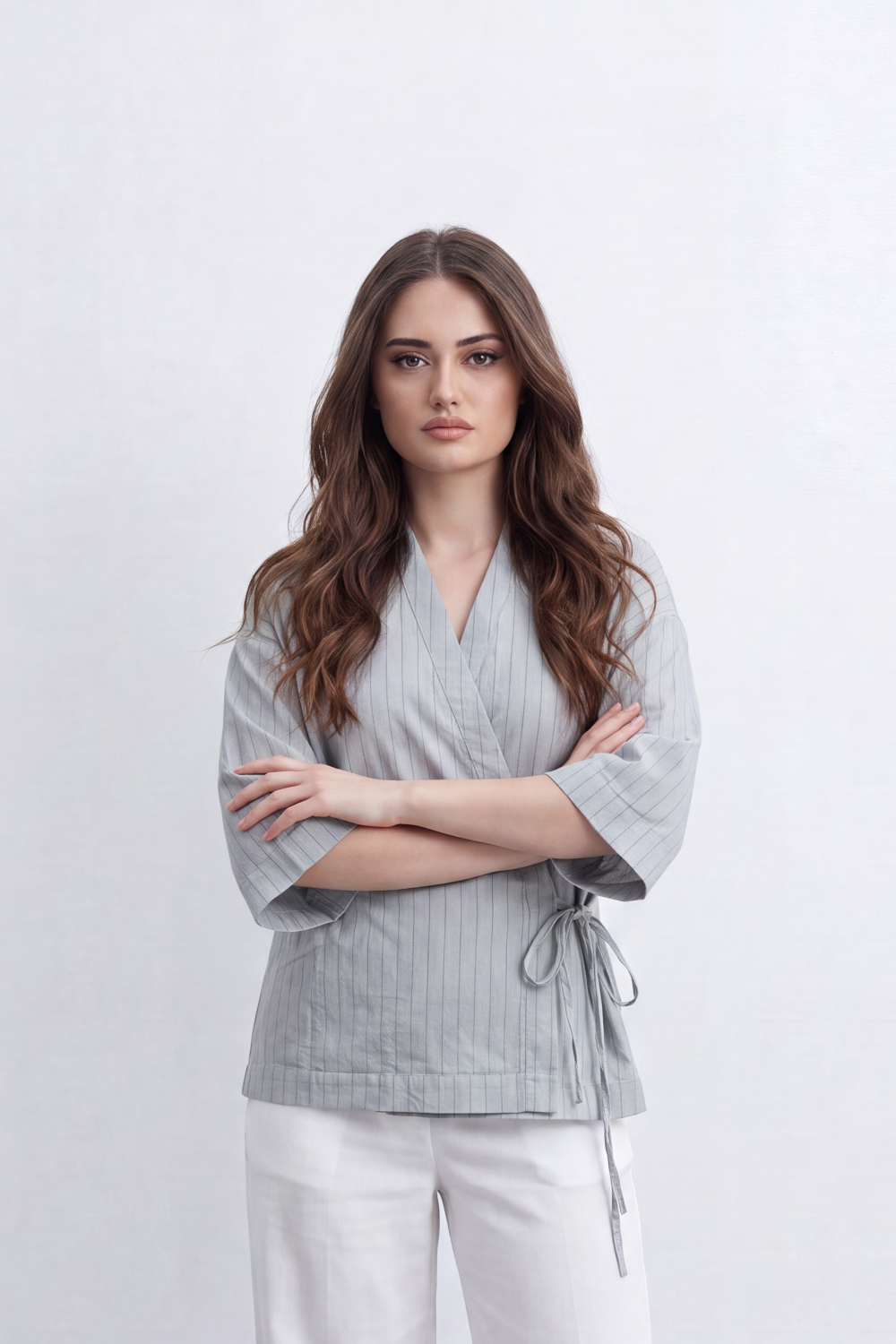 Women’s Tomato Store Wrap Stripe Top Fine Vertical Stripe Pattern Over Crinkled Surface Side Tie Detail