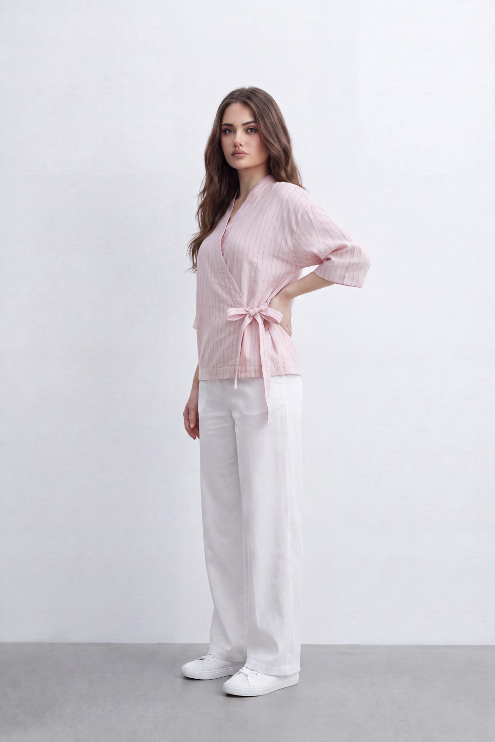 Women’s Tomato Store Wrap Stripe Top Fine Vertical Stripe Pattern Over Crinkled Surface Side Tie Detail