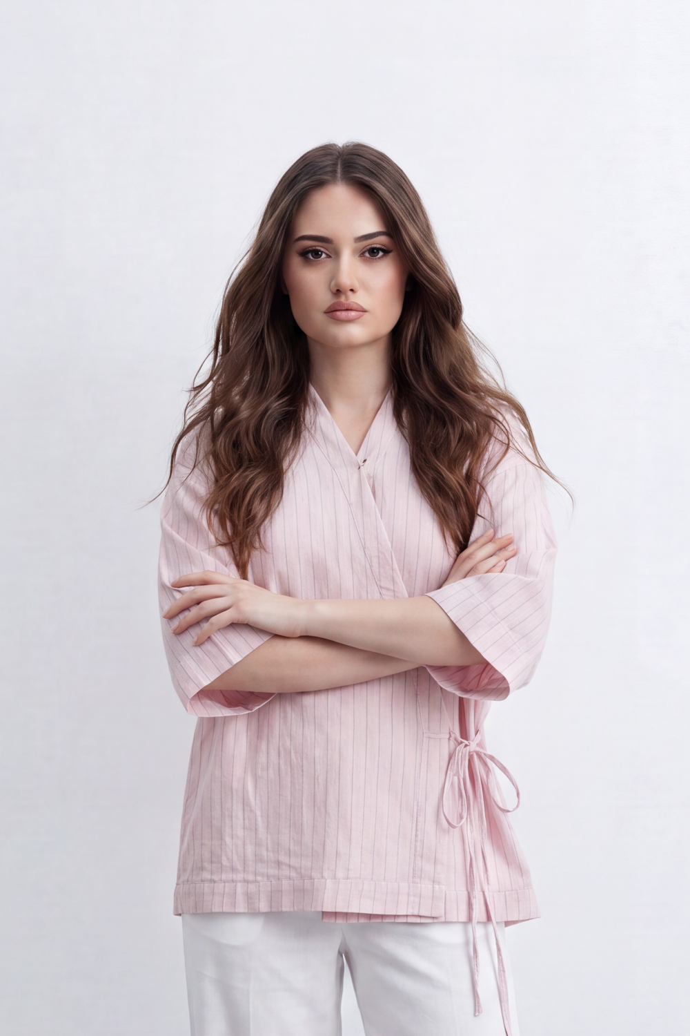 Women’s Tomato Store Wrap Stripe Top Fine Vertical Stripe Pattern Over Crinkled Surface Side Tie Detail