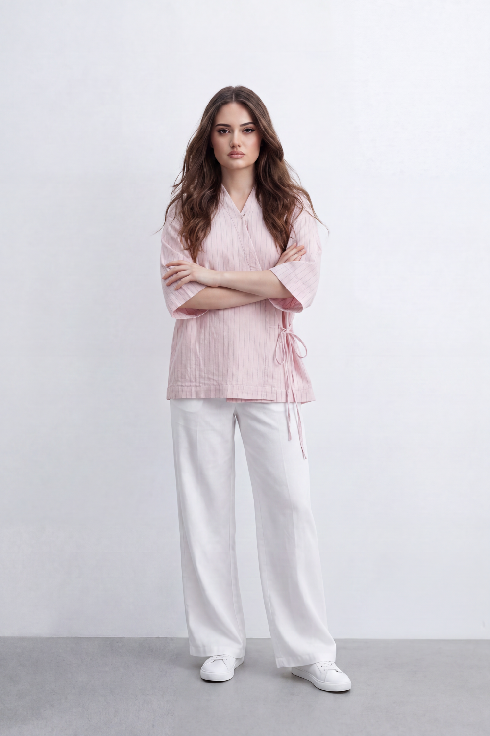 Women’s Tomato Store Wrap Stripe Top Blouse Fine Vertical Stripe Pattern Over Crinkled Surface Side Tie Detail