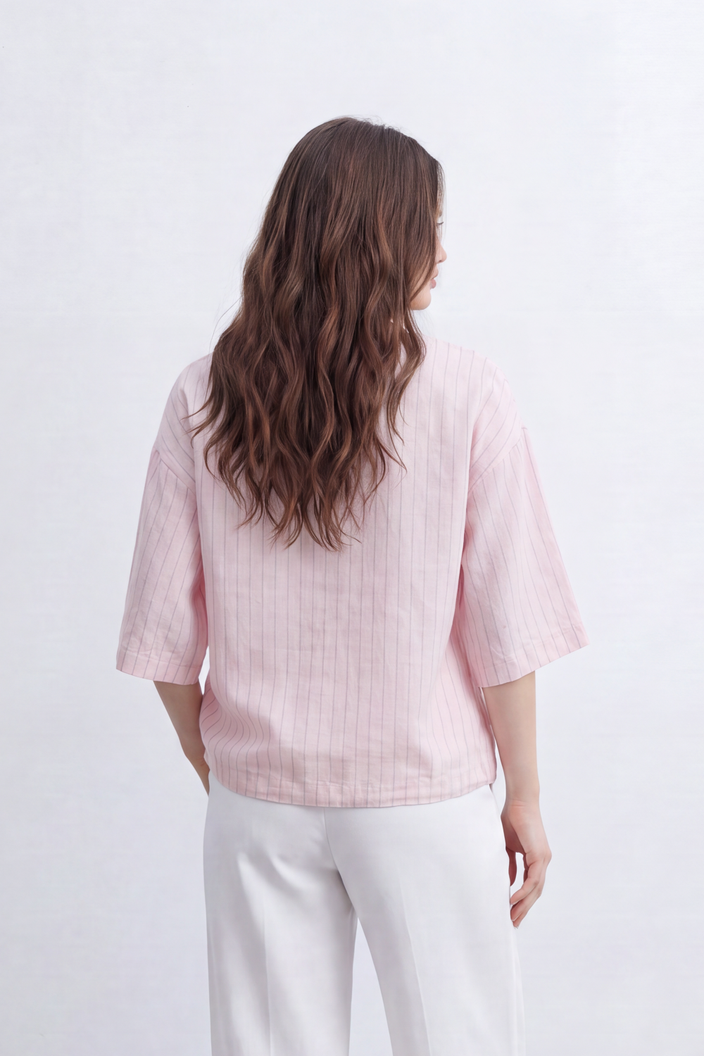 Women’s Tomato Store Wrap Stripe Top Blouse Fine Vertical Stripe Pattern Over Crinkled Surface Side Tie Detail