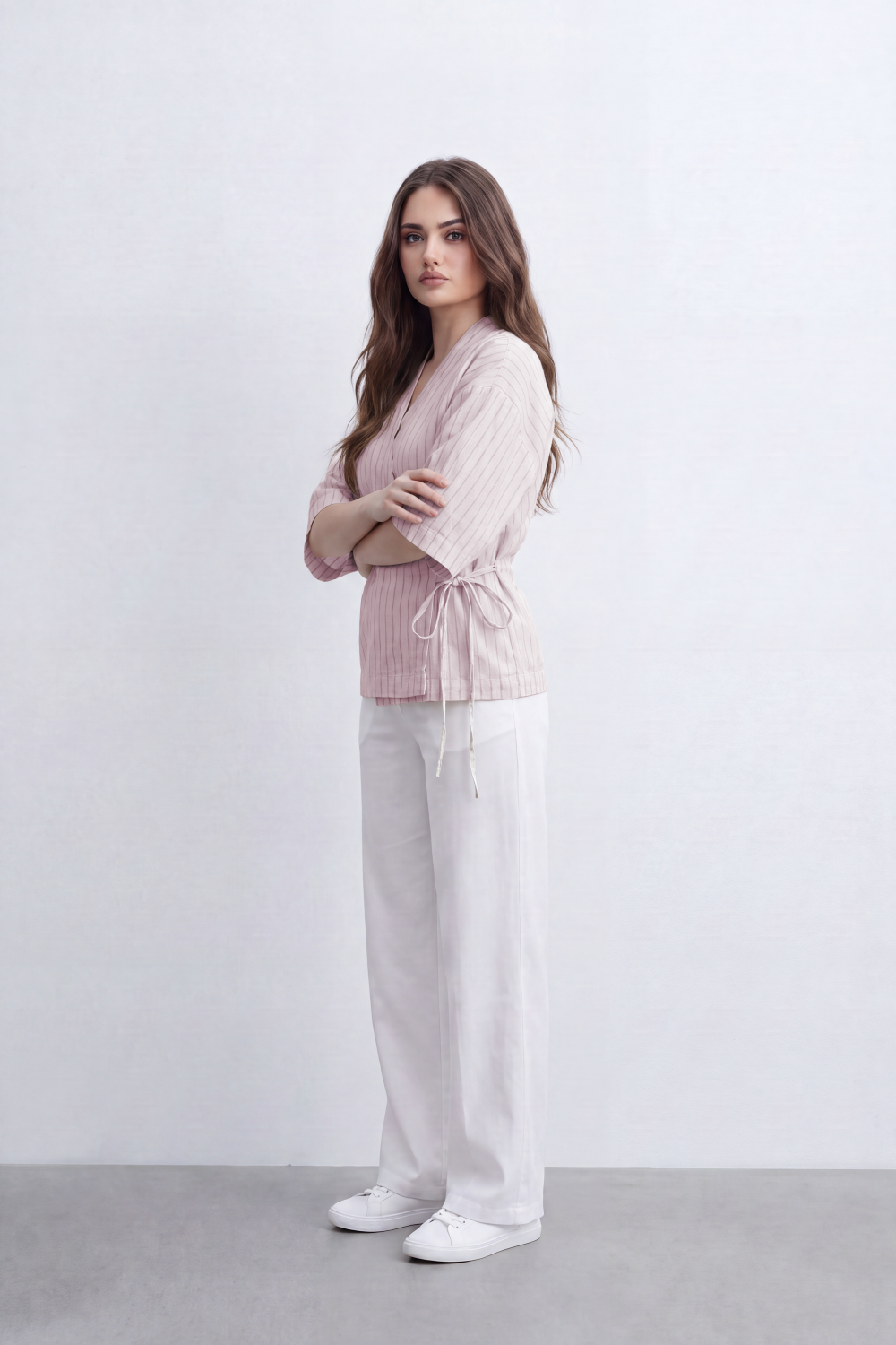 Women’s Tomato Store Wrap Stripe Top Blouse Fine Vertical Stripe Pattern Over Crinkled Surface Side Tie Detail
