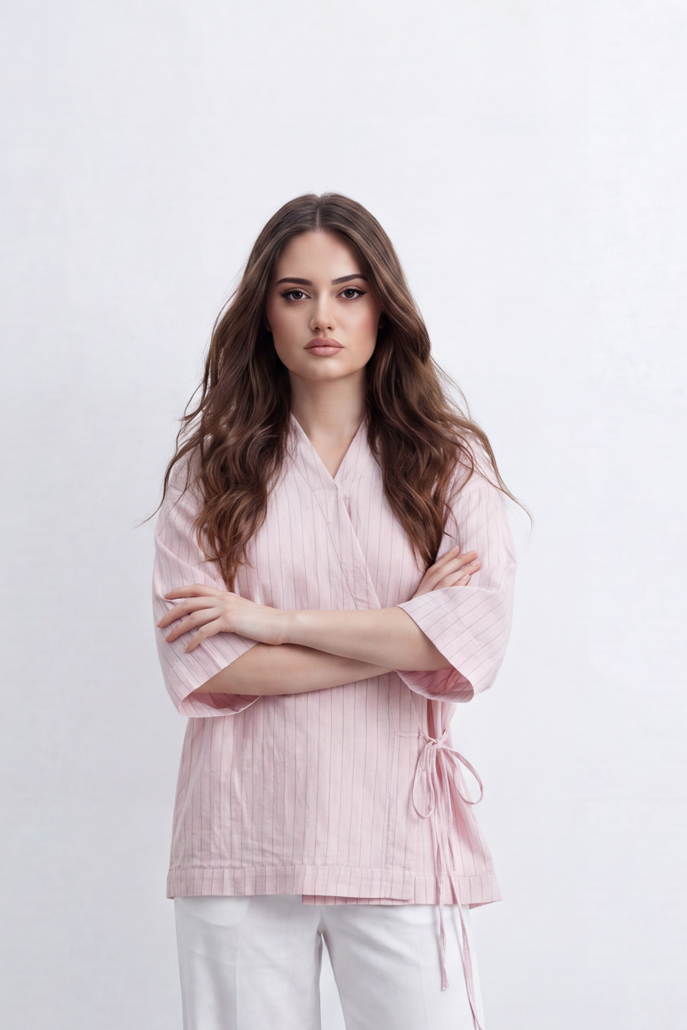Women’s Tomato Store Wrap Stripe Top Blouse Fine Vertical Stripe Pattern Over Crinkled Surface Side Tie Detail
