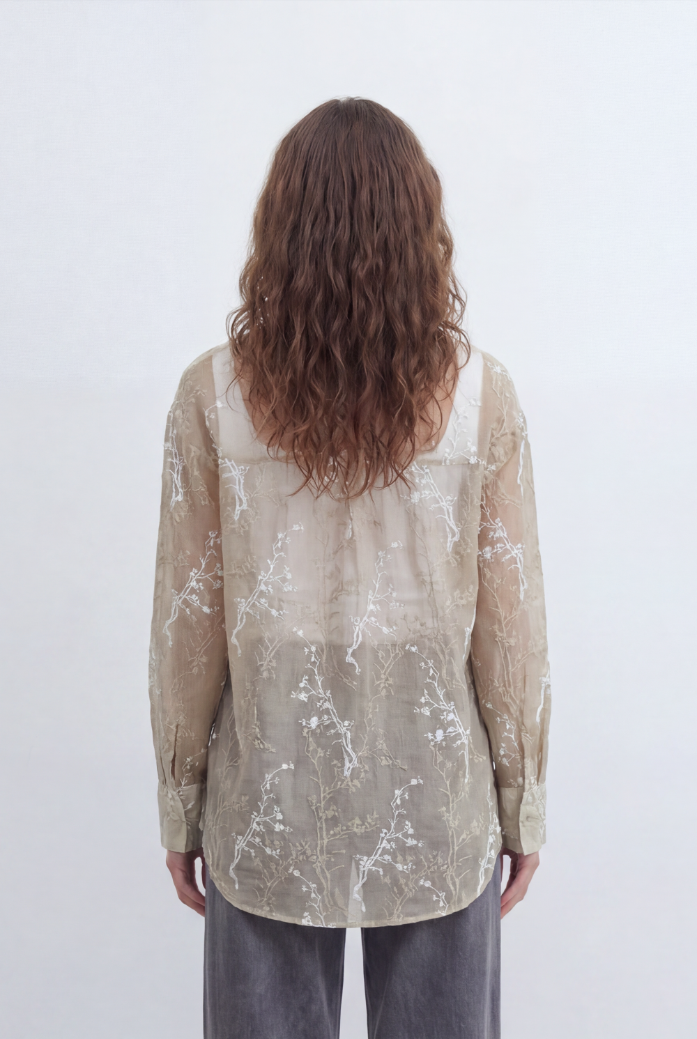 Women’s Tomato Store Sheer Botanical Blouse With Transparent Organza Texture Allover Etched Floral Branch Print