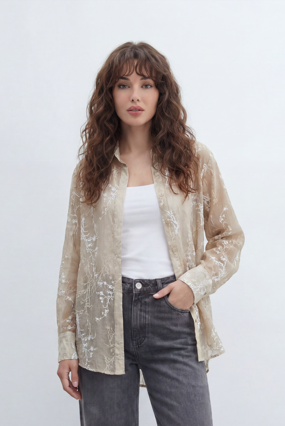 Women’s Tomato Store Sheer Botanical Blouse With Transparent Organza Texture Allover Etched Floral Branch Print