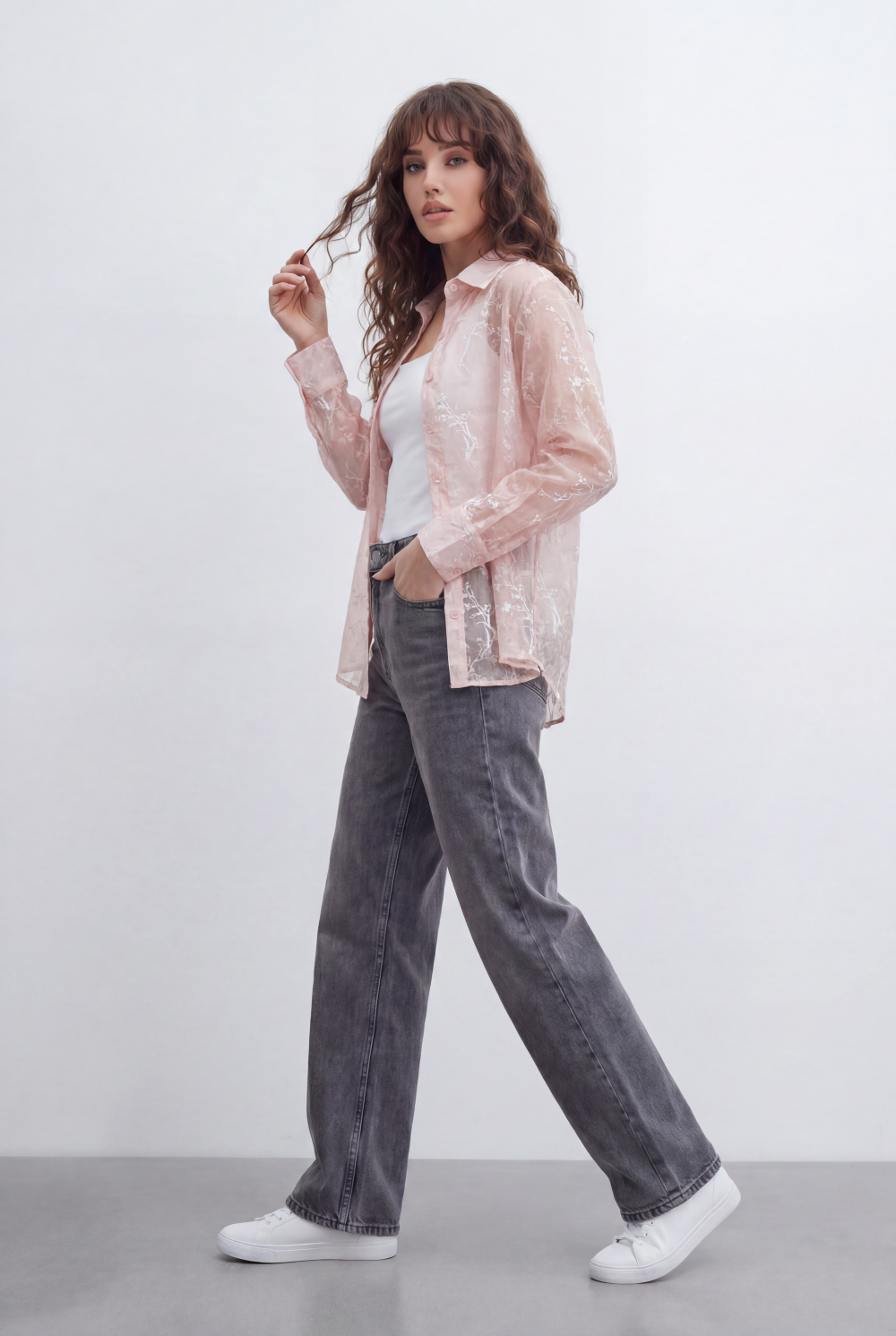 Women’s Tomato Store Sheer Botanical Blouse With Transparent Organza Texture Allover Etched Floral Branch Print