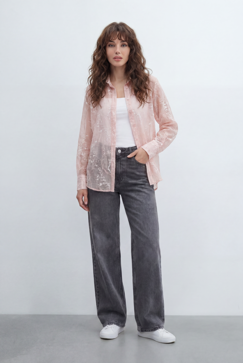 Women’s Tomato Store Sheer Botanical Blouse With Transparent Organza Texture Allover Etched Floral Branch Print