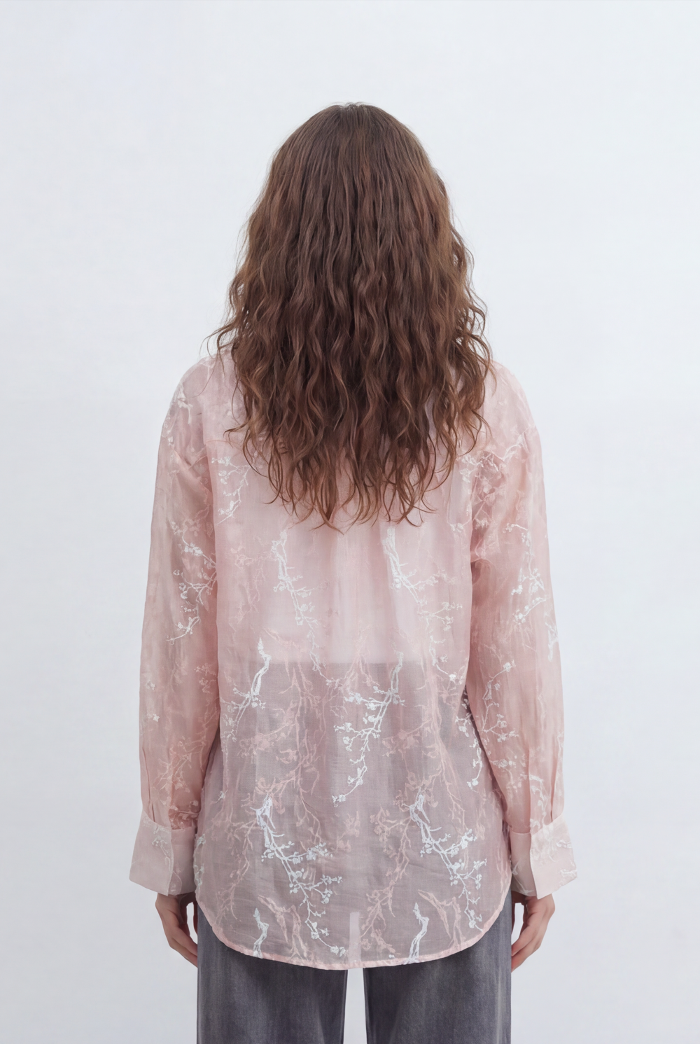 Women’s Tomato Store Sheer Botanical Blouse With Transparent Organza Texture Allover Etched Floral Branch Print