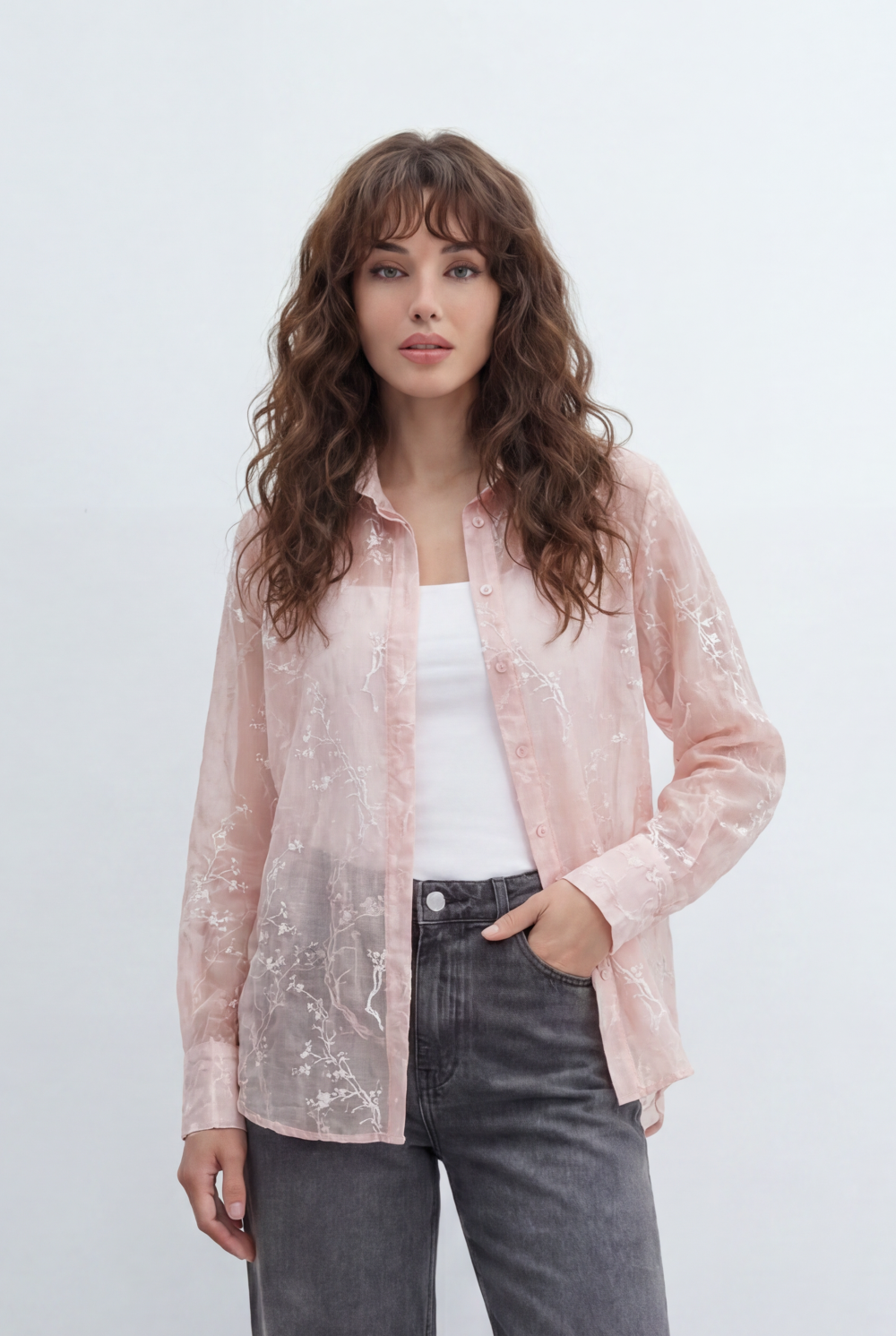 Women’s Tomato Store Sheer Botanical Blouse With Transparent Organza Texture Allover Etched Floral Branch Print