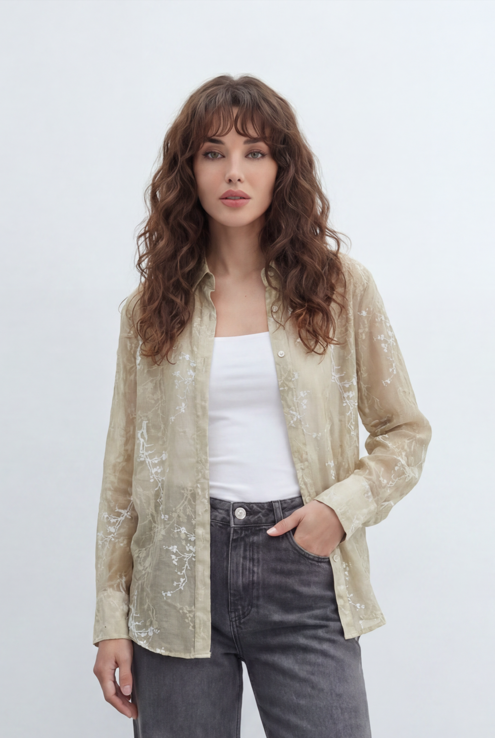 Women’s Tomato Store Sheer Botanical Blouse With Transparent Organza Texture Allover Etched Floral Branch Print