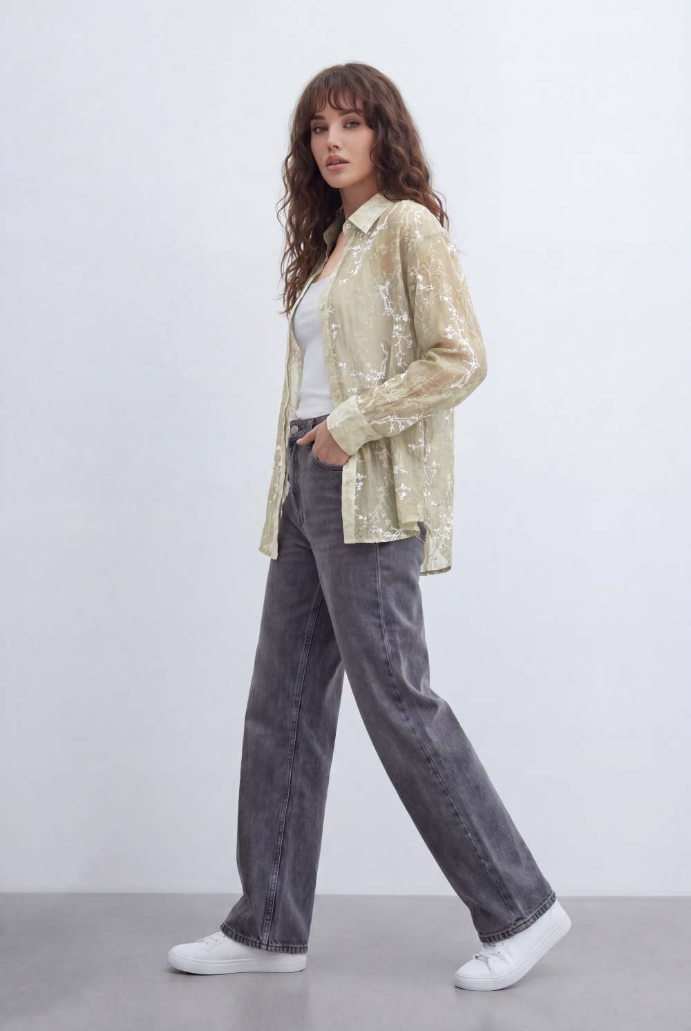 Women’s Tomato Store Sheer Botanical Blouse With Transparent Organza Texture Allover Etched Floral Branch Print