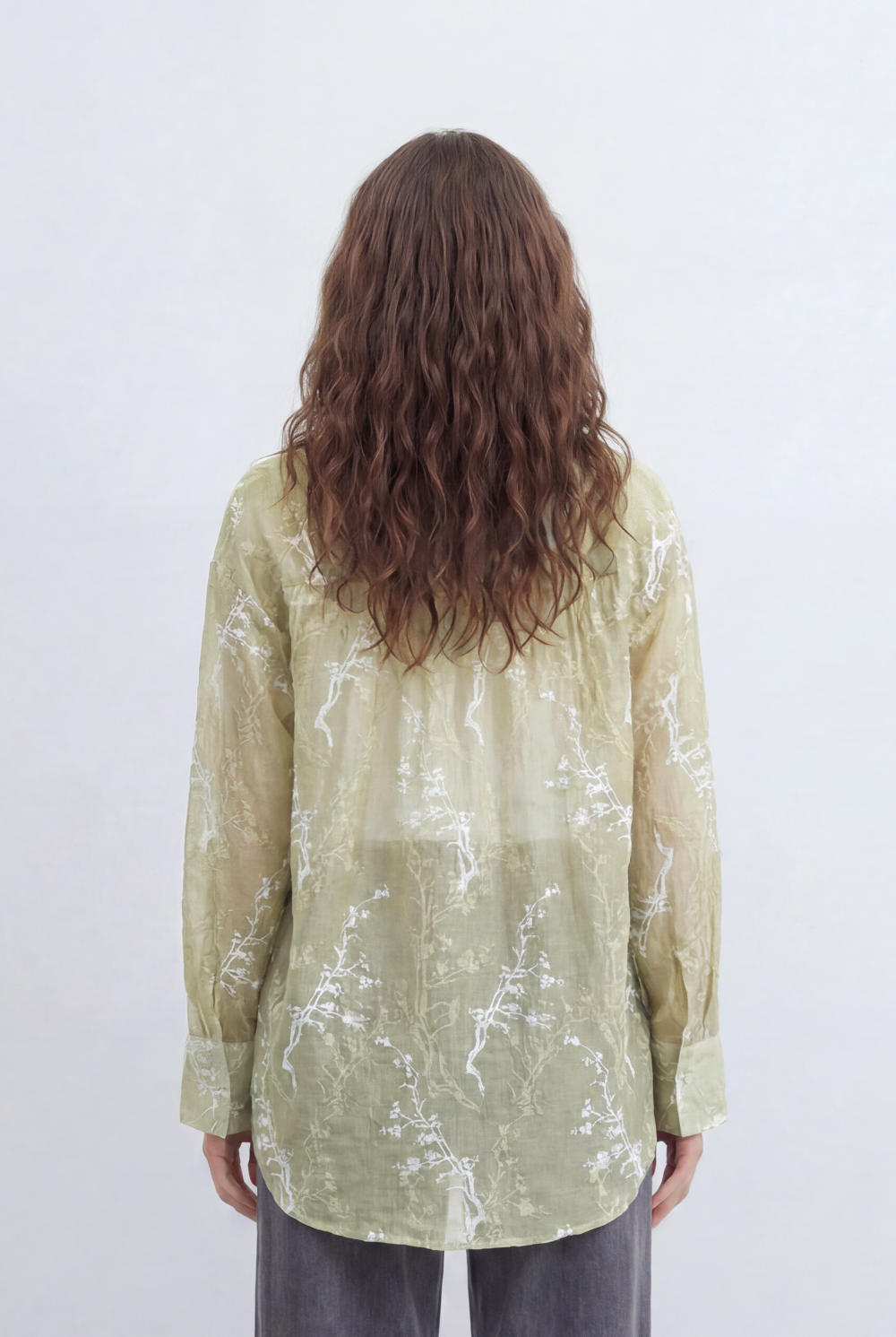 Women’s Tomato Store Sheer Botanical Blouse With Transparent Organza Texture Allover Etched Floral Branch Print