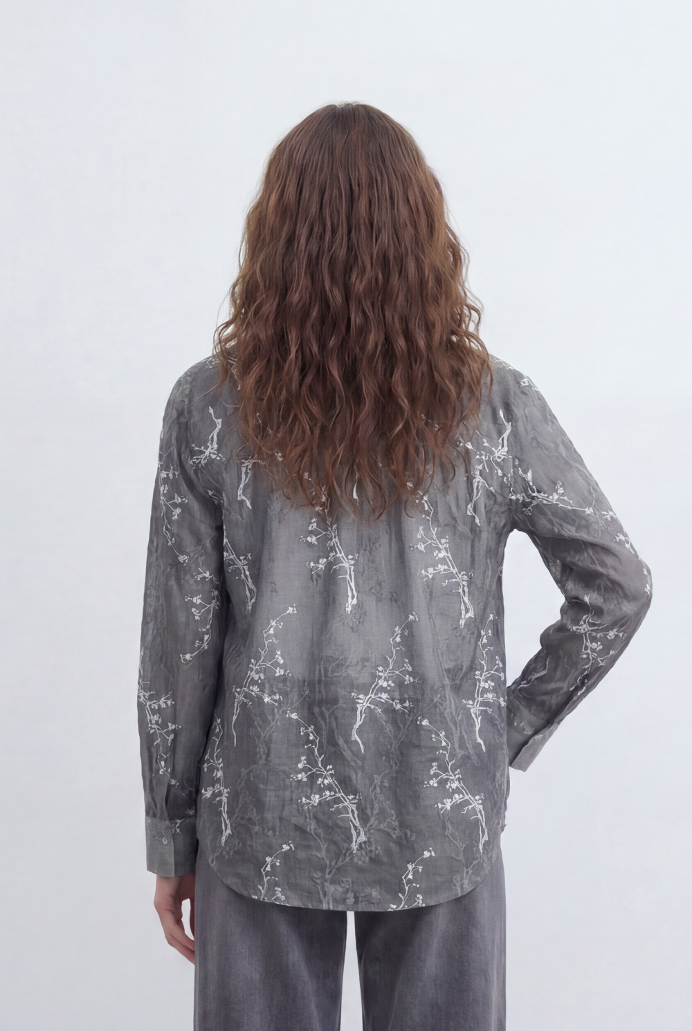 Women’s Tomato Store Sheer Botanical Blouse With Transparent Organza Texture Allover Etched Floral Branch Print