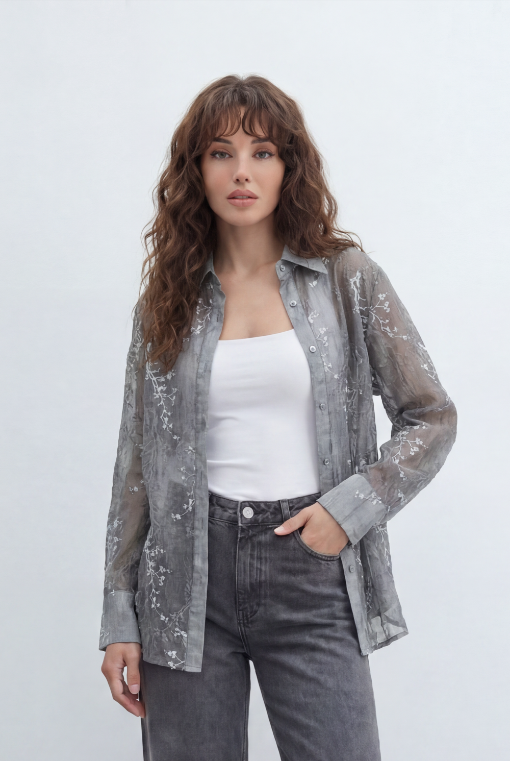 Women’s Tomato Store Sheer Botanical Blouse With Transparent Organza Texture Allover Etched Floral Branch Print