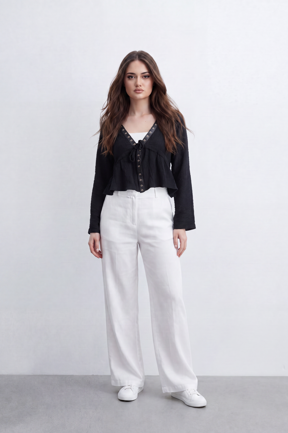 Women’s Tomato Store Crinkled Tie Front Blouse Top With Eyelet Trim And Soft Peplum Shape