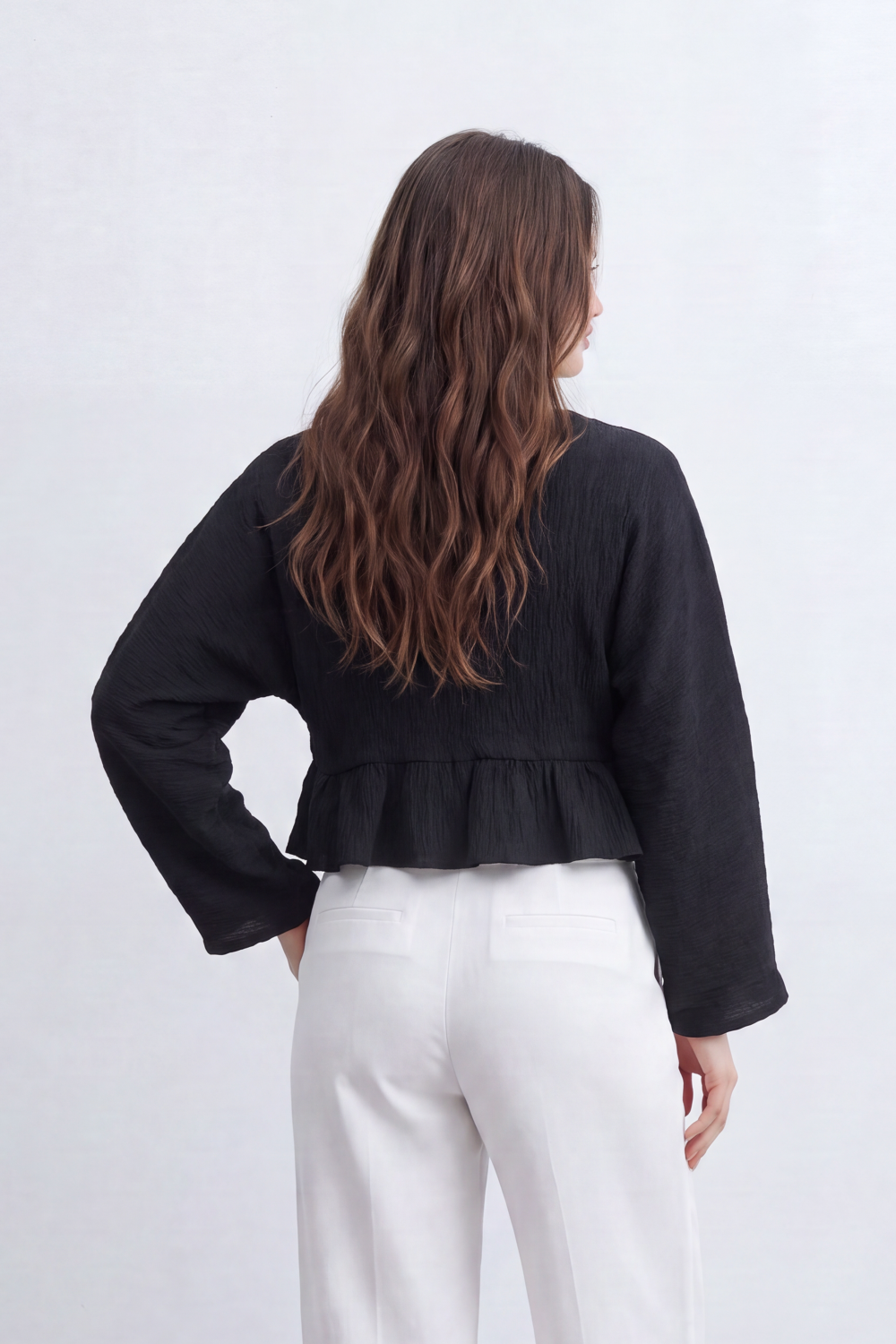 Women’s Tomato Store Crinkled Tie Front Blouse Top With Eyelet Trim And Soft Peplum Shape