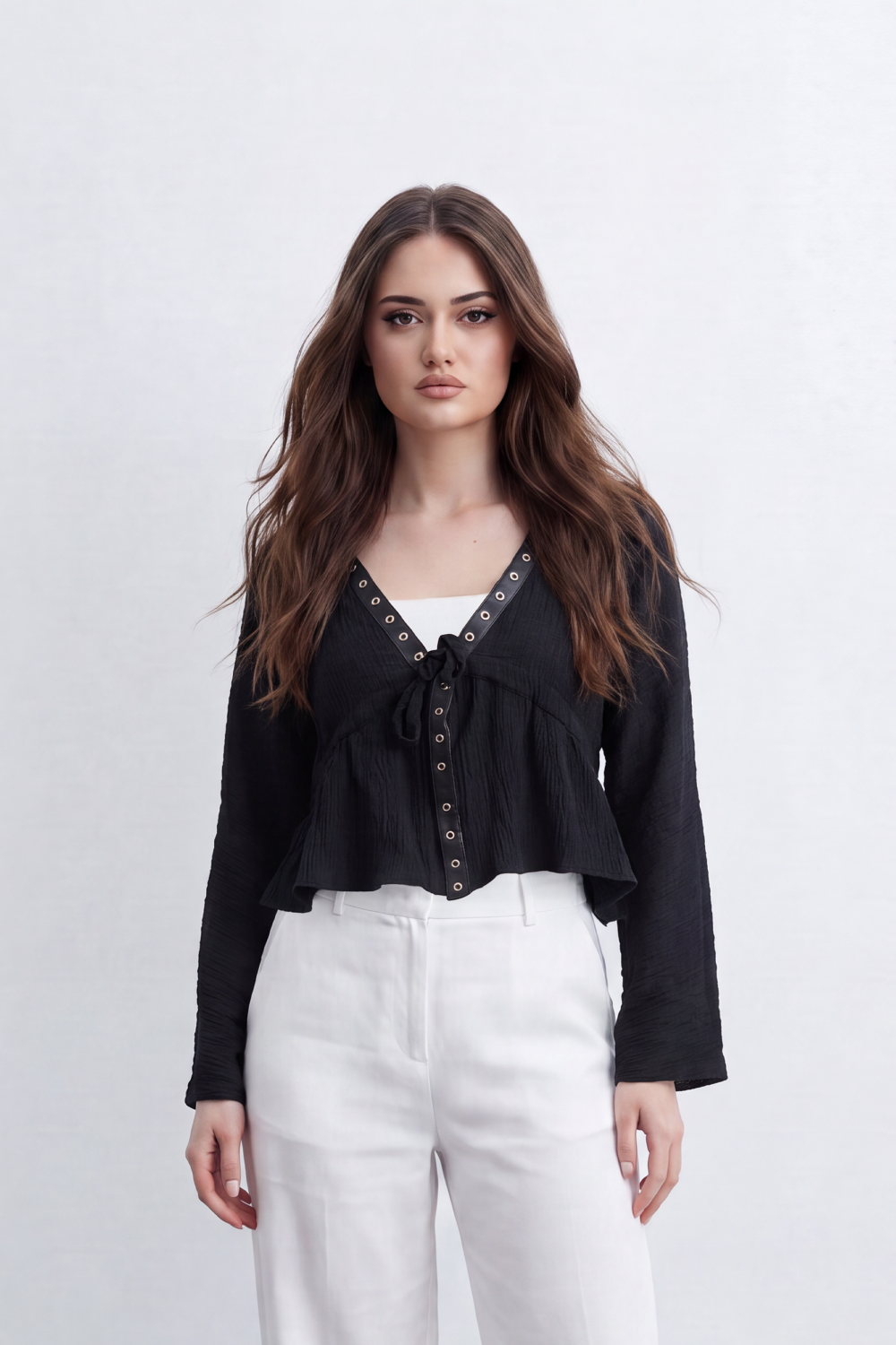 Women’s Tomato Store Crinkled Tie Front Blouse Top With Eyelet Trim And Soft Peplum Shape