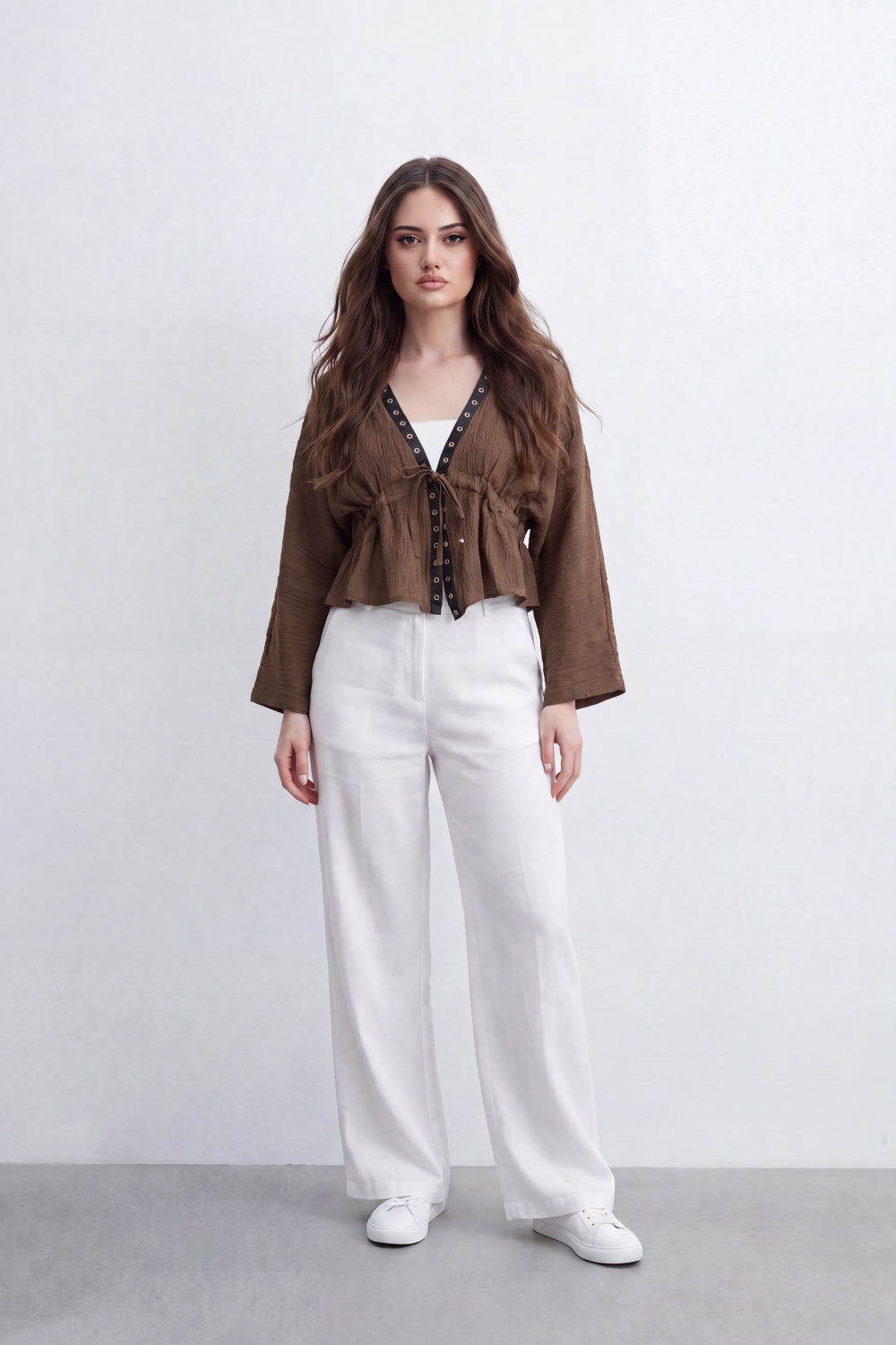 Women’s Tomato Store Crinkled Tie Front Blouse Top With Eyelet Trim And Soft Peplum Shape