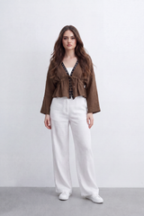 Women’s Tomato Store Crinkled Tie Front Blouse Top With Eyelet Trim And Soft Peplum Shape