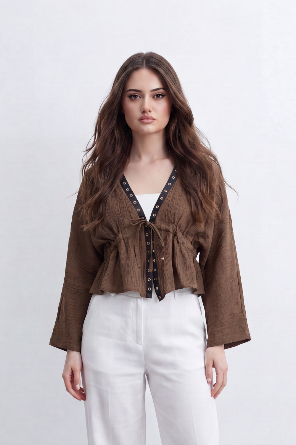 Women’s Tomato Store Crinkled Tie Front Blouse Top With Eyelet Trim And Soft Peplum Shape