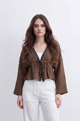 Women’s Tomato Store Crinkled Tie Front Blouse Top With Eyelet Trim And Soft Peplum Shape