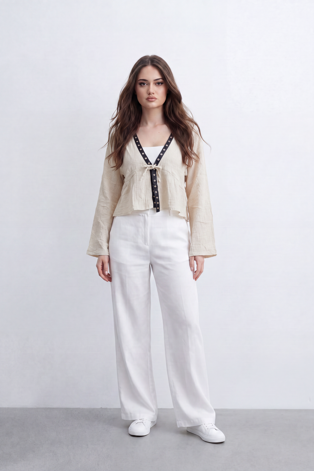 Women’s Tomato Store Crinkled Tie Front Blouse Top With Eyelet Trim And Soft Peplum Shape