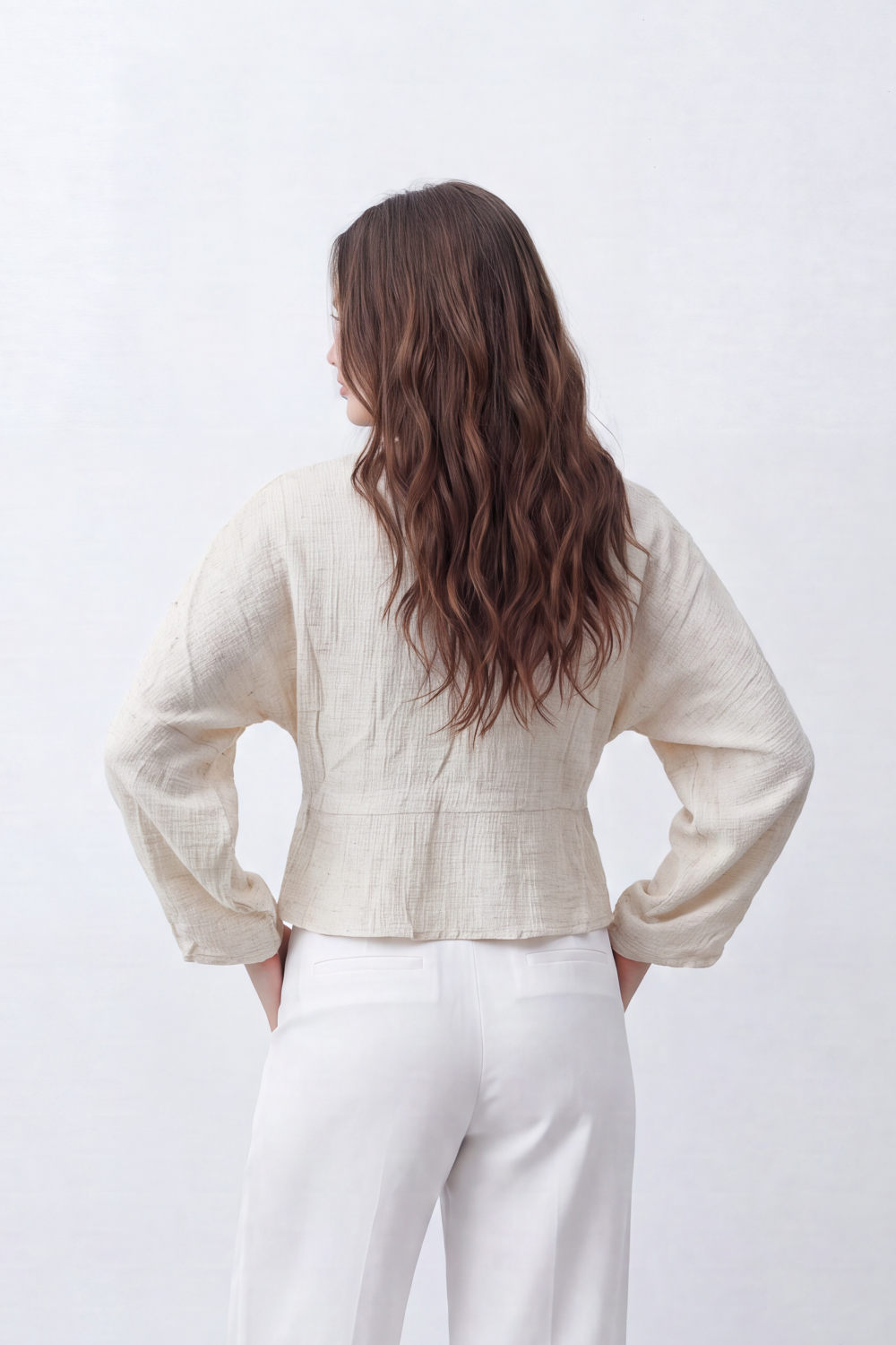 Women’s Tomato Store Crinkled Tie Front Blouse Top With Eyelet Trim And Soft Peplum Shape