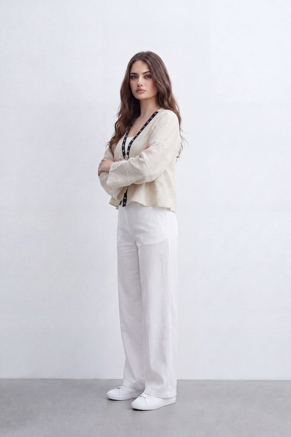 Women’s Tomato Store Crinkled Tie Front Blouse Top With Eyelet Trim And Soft Peplum Shape
