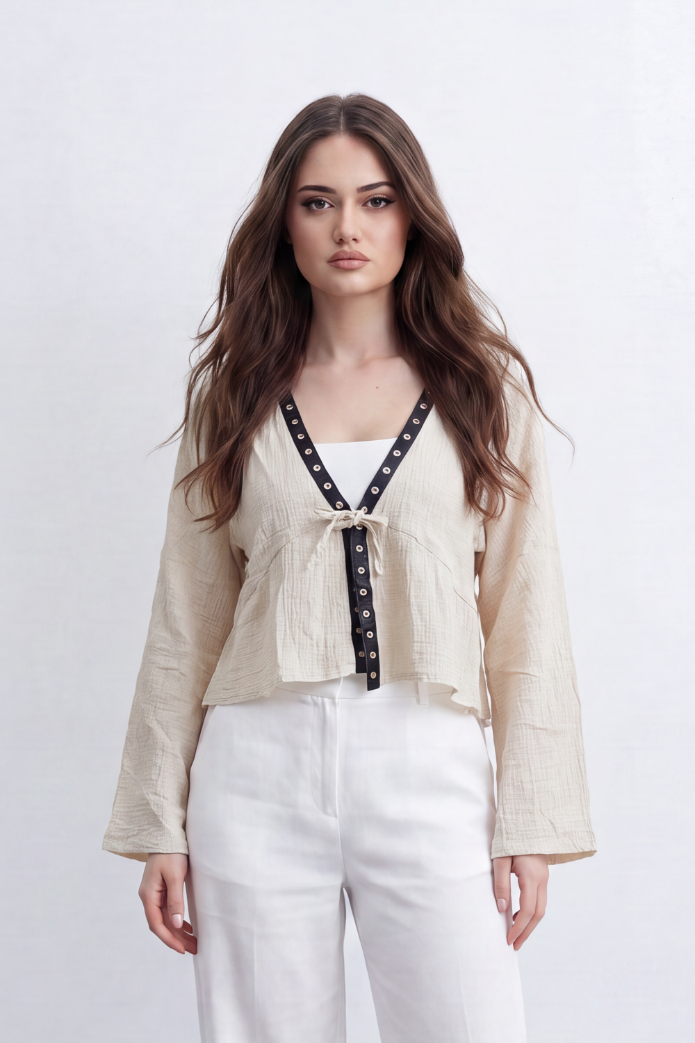 Women’s Tomato Store Crinkled Tie Front Blouse Top With Eyelet Trim And Soft Peplum Shape