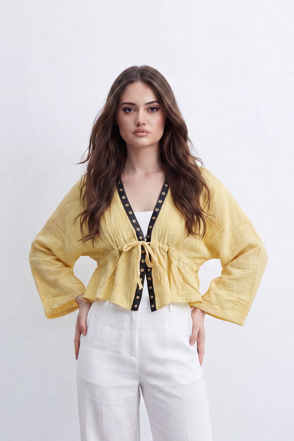 Women’s Tomato Store Crinkled Tie Front Blouse Top With Eyelet Trim And Soft Peplum Shape