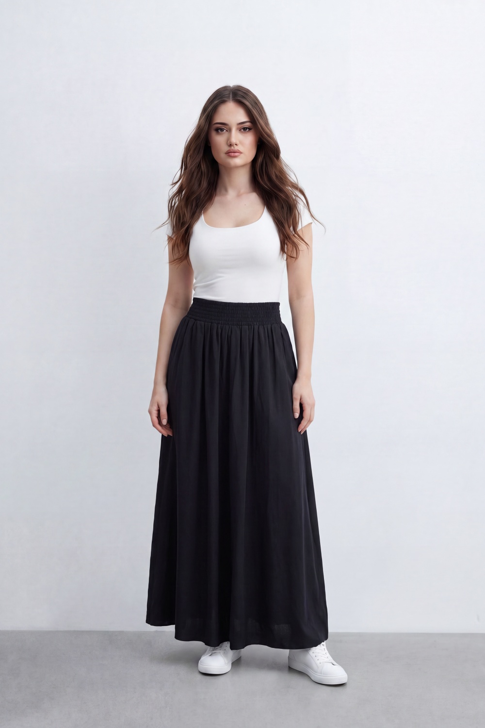 Women’s Tomato Store Smocked Drift Maxi Skirt Crinkle Plain Surface Falls From A Stretch Waist Into Full Flowing Volume