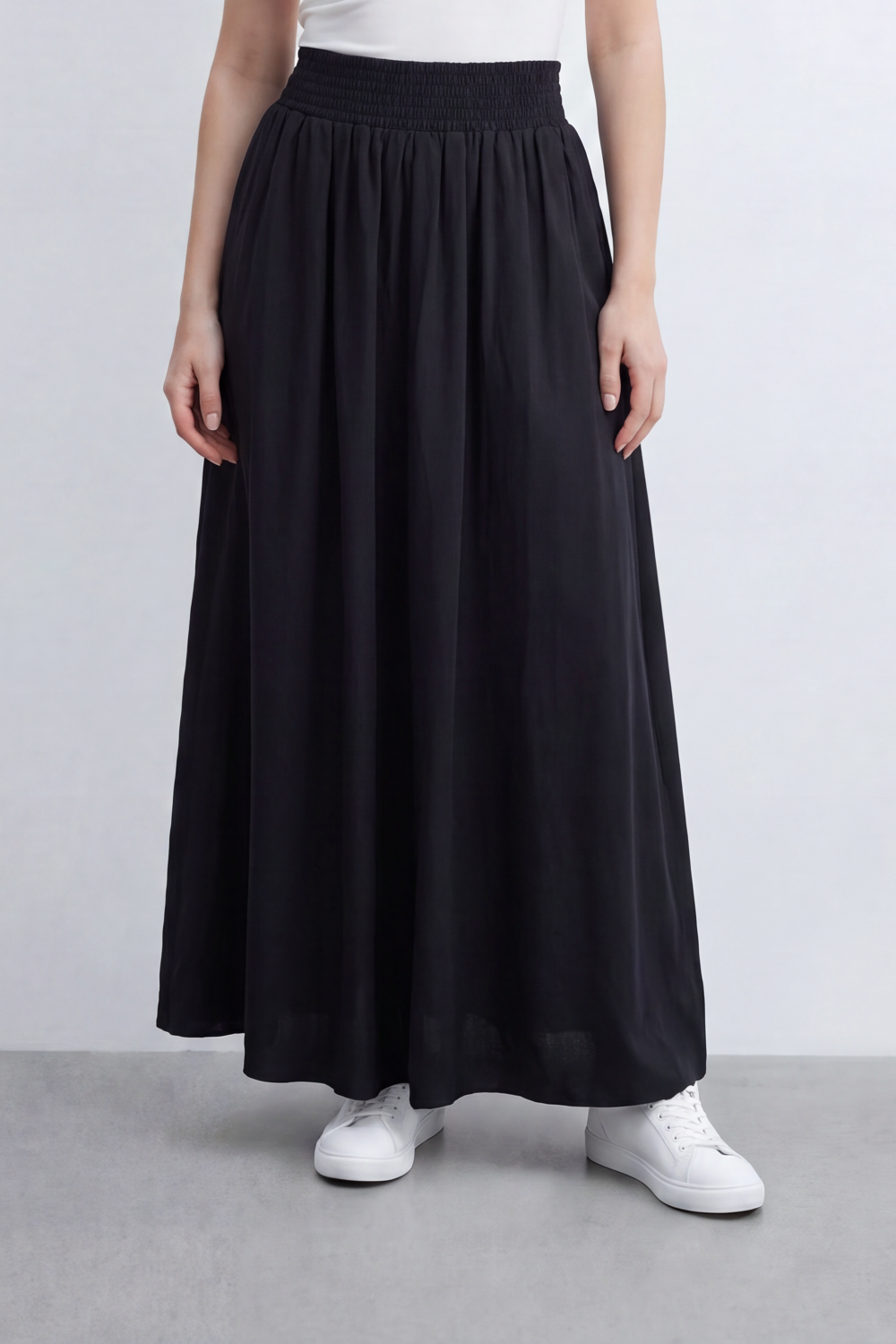Women’s Tomato Store Smocked Drift Maxi Skirt Crinkle Plain Surface Falls From A Stretch Waist Into Full Flowing Volume