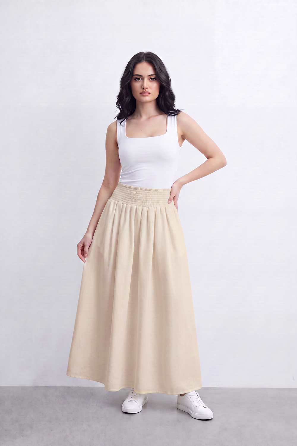 Women’s Tomato Store Smocked Drift Maxi Skirt Crinkle Plain Surface Falls From A Stretch Waist Into Full Flowing Volume